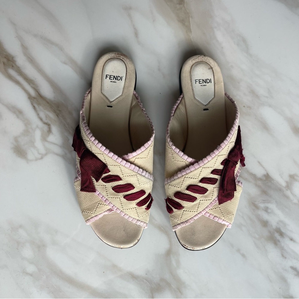 Fendi Pink and Beige Knit Bow Cross Strap Flats Sandals Size 38